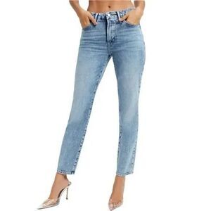 10 Good American high rise Classic Slim Straight light wash lightly distressed